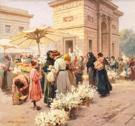 Liljemarkedet ved Porta Garibaldi i Milano, af Achille Beltrame (1871-1945), fra La Domenica del Corriere, Italien 20. århundrede