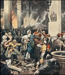 Massakrerne på armeniere i Tyrkiet i 1909 i Adana, illustration af Achilles Beltrame (1871-1945) i "La Domenica del Corriere"" fra maj 1909