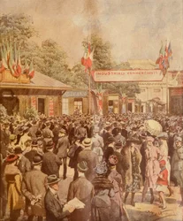 Messe i Milano, af Achille Beltrame, illustration, Illustrator Achille Beltrame (1871-1945), fra La Domenica del Corriere, 24. april 1921