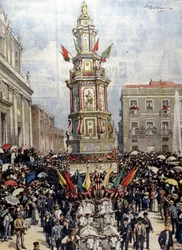 Traditionel siciliansk festival: en tank ført i procession til Casteltermini (Girgenti). Syg. de Beltrame. Kurerens søndag. 1904.