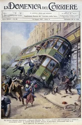 Sporvognsulykke i Glasgow, Skotland: en af bilerne væltede ud på en porcelænsmontre og på forbipasserende - tegning af A. Beltrame, i "La Domenica del Corriere"" af 1. februar 1931.