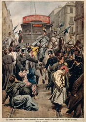 Sporvognsstrejke i Milano, af Achille Beltrame, illustration, Illustrator Achille Beltrame (1871-1945), fra La Domenica del Corriere