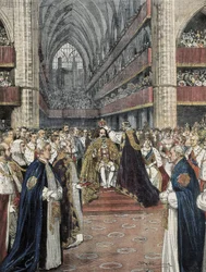 Det Forenede Kongerige (1901). Kroningen af Edward VII i Westminster Abbey. Illustration af Achille Beltrame offentliggjort i Domenica del Corriere. Stik.
