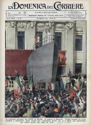 Besøg af hertugen Benito Mussolini til Messina under en rejse til Sicilien. Illustration af Achille Beltrame fra "La domenica del corriere"" af 22/08/1937.