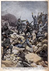 Første Verdenskrig: Italiensk front på Carso-plateauet (Trentino) og fanger i undergrunden. "Domenica del Corriere". 07/1917 (litografi)