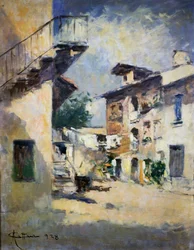 Interiør af rustik gårdhave, af Achille Cattaneo (1872-1931). Italien, 20. århundrede.