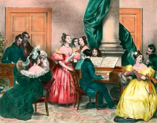 En musikalsk eftermiddag i familien Gravering af Achille Deveria (1800-1857) Gravering af det 19. århundrede. Privat samling