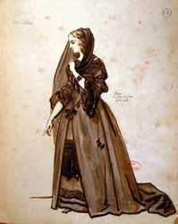 Kostumedesign til rollen som Dona Elvire i en produktion fra 1847 af 