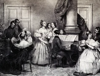 Familiekoncert med klaver, af Achille Deveria (1800-1857), gravering, Frankrig