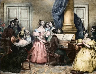 Musikalsk aftenfest - Musikalsk aften omkring pianoforte - af Achille Deveria (1800-1857) ca. 1840