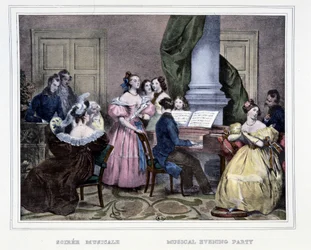 Musikalsk aften omkring pianoforte - i "" Les heures de la Parisienne"" af Achille Deveria
