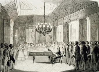 Musikalsk aften med klaver, af Achille Deveria (1800-1857), gravering, Frankrig