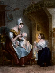 Sygeplejerske, der ammer en baby. Litografi, ca. 1850