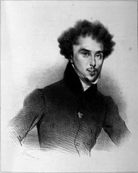 Portræt af Alexandre Dumas, gravering af Deveria
