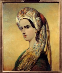 Portræt af Elisabeth Felix dit Mademoiselle Rachel (1821-1858), skuespillerinde i rollen som Roxane i skuespillet Bajazet”” af Jean Racine i 1838”” Maleri af Achille Deveria (1800-1857) 1838 Paris, Comedie francaise