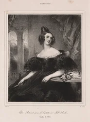 Ung kvinde med en vifte ved et bord, 1835.