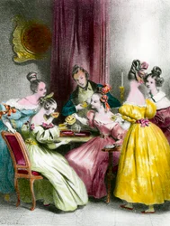 En eftermiddag på Salon de the under the Restoration print af Achille Deveria (1800-1857) 1800-tallets privatsamling