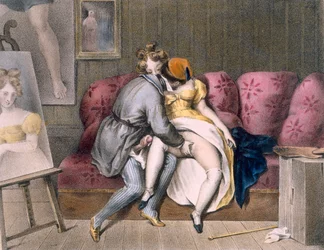 Kunstner og Sitter: manuelt forspil, ca. 1830-40 (farve litho)