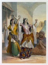 Egyptiske dansende piger, der udfører Ghawazi i Rosetta, Egypten, 1848