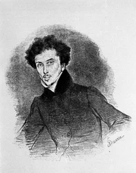 Portræt af den franske forfatter Alexandre Dumas far (1802 - 1870) omkring 1832. Litografi af Deveria.