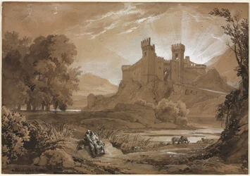 Landskab med slot og hyrder, 1814.