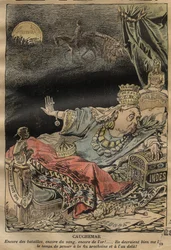 Tegnefilm om dronning Victoria af Achille Lemot (1846-1909) - 1899 - Mareridt - flere kampe, mere blod, mere guld...