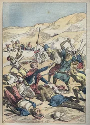 Marquis of Mores (Antoine-Amedee-Marie-Vincent) Manca de Vallombrosa (1858-1896) og hans kammeraters død nær El-Ouatia (El Ouatia) i Tunesien i 1896 - Illustration af Achille Lemot i "" Le-Pelerin" juni 1896