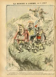Illustration af Achille Lemot (1846-1909) i Le Pèlerin, 08/09/07 - Marchen mod afgrunden - Socialt, antimureri, frimureri, hær, patriotisme, blind - Émile Zola, Jean Jaurès - Blind