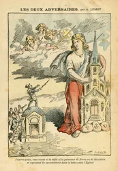 Illustration af Achille Lemot (1846-1909) i Le Pelerin, 09/09/06 - De to modstandere - Antisemitisme, Religion Tro, Trefarvet Flag, Cathedrale Churches, Synagoge, Katolsk Katolicisme - Allegori, Skalaændring