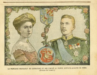 Illustration af Achille Lemot (1846-1909) i Le Pelerin, 21/05/05 - Prinsesse Margaret af Connaught og hendes forlovede Prins Gustave-Adolphe af Sverige - Monarki, Medalje, Foreign Sovereign, Sverige - De Connaught Margaret (1882-1920) , Gustave IV Adolphe 
