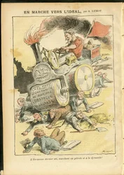 Illustration af Achille Lemot (1846-1909) i Le Pelerin, 27/05/06 - På vej mod det ideelle - Socialt, Bil, Døde Lig, Revolution, Rødt Flag, Økonomi, Socialisme, Pneumatisk, Punktering