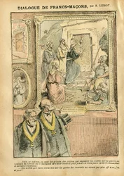 Illustration af Achille Lemot (1846-1909) i Le Pèlerin, 31/03/07 - Frimureres dialog - Kunst, antimureri, frimureri, religion, tro, katolicisme - Adskillelse af kirke og stat, inventarer/reaktioner på inventarer