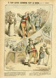 Illustration af Achille Lemot (1846-1909) i Le Pèlerin, 03/09/05 - Man må vide, hvordan man tilfredsstiller alle - Antiklerikalisme, antimureri, religion og tro, medalje, Venstreblokken, katolicisme - Udvisning af ordensfolk, sekularisering