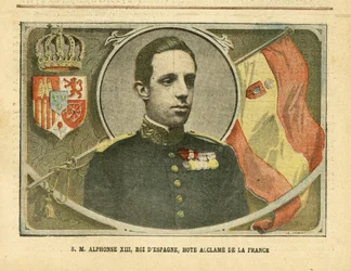 Illustration af Achille Lemot (1846-1909) i Le Pelerin, 04/06/05 - Hans Majestæt Alfonso XIII, konge af Spanien, Hote Acclame of France - Spanien, Monarki, Flag, Udenlandsk suveræn - Alfonso XIII