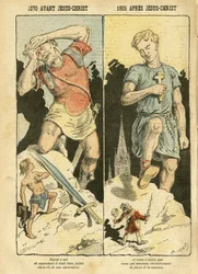 Illustration af Achille Lemot (1846-1909) i Le Pèlerin, 05/11/05 - 1070 f.Kr. Jesus Kristus 1905 e.Kr. - Antimureri, religion og tro, Venstreblokken, katolicisme - Sekularisering, sekularisme, lægfolk - David, Goliat - Fortællinger og mytologi