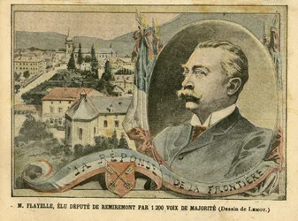 Illustration af Achille Lemot (1846-1909) i Le Pelerin, 07/02/04 - M. Flayelle, valgt som deputeret i Remiremont med 1200 stemmer - Valg, Alsace Lorraine, Chambre des deputes Hemicycle, Patriotisme, Frontières, Remiremont, Vosges - Depute, Flayelle