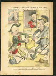 Illustration af Achille Lemot (1846-1909) i Le Pelerin, 07/03/09 - Caillaux-Picard-konflikten - Beskatning, indkomstskat - Combes Emile (1835-1921), Clemenceau George, Caillaux Joseph (1863-1944)