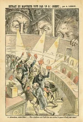 Illustration af Achille Lemot (1846-1909) i Le Pèlerin, 20/11/04 - Uddrag af afstemningen om manifestet i Grand Orient - Antimureri, Grand Orient de France - Valgurne