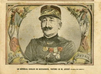 Illustration af Achille Lemot (1846-1909) i Le Pelerin, 27/03/04 - General Geslin fra Burgurdy, offer for Mr. Andre - Armee, sag om kortene - Andre Louis, General Generaux, Jules Henri Geslin fra Bourgogne (1812-1897)