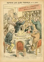 Illustration af Achille Lemot (1846-1909) i Le Pelerin, 27/10/07 - Genoptagelse af hårdt arbejde - Antiparlamentarisme, Restaurantcaféer, Deputeretkammeret Hemicycle, Bloc des lefts, Plate au beurre - Deputeret - Metaphore alimentaire