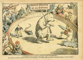 Illustration af Achille Lemot (1846-1909) i Le Pelerin, 28/02/04 - Forskellige nationers holdning... - Rusland, den russisk-japanske krig - Émile Combes, bjørn, markedsbjørn - Animalisering, karneval/leg/cirkus