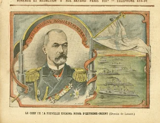 Illustration af Achille Lemot (1846-1909) i Le Pelerin, 30/04/05 - Lederen af den nye russiske fjernøstlige eskadre - Rusland, hær, flåde, hav, kyst, krigsskibe - Admiral, admiraler, Rozjestvenskij (Zinovij Rozjestvenskij)