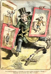 Resultaterne: en gymnasieelev begår selvmord i Clermont, en anden i Bourg: resultater af moral uden Gud i skolen! - karikatur af Achille Lemot (1846-1909) i Le Pèlerin (1909) - modsætning mellem verdslig og religiøs undervisning (katolsk) - en embedsmand