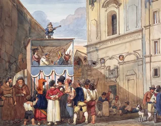 Dukketeater i den romerske kirke Saints Quirico og Giuditta, af Achille Pinelli (1809-1841), akvarel, detaljer, Italien
