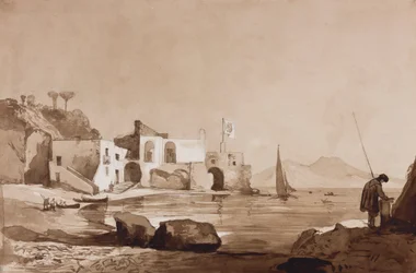 Havn, der fører Borbone-flaget med Vesuv mod syd, med tilføjelser af en Borbone-elev (blyant, sepia-vaske og gouache på papir)