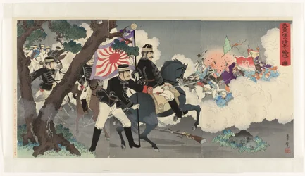 Billede af vores hær, der besejrer kineserne ved Pyongyang Waga gun Heijô no shinhei o gekiha suru zu (titel på objekt)