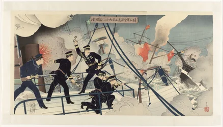 Kabayama, chef for flådekommandoen, angriber et fjendtligt skib med Seikyô Maru Kabayama gunreibuchô Seikyô Maru o motte tekikan ni ataru (titel på objektet)