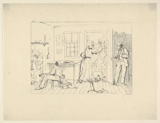 Slaver skjuler deres mester for et eftersøgningsparti fra Confederate War Etchings, 1861-63.