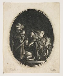 Salome modtager den hellige Johannes hoved, graveret af Hendrik Goudt (1583-1648), ca. 1607-09 (gravering)