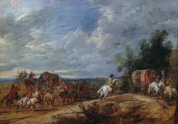 Brigander angriber tog af vogne, maleri af Adam Frans van der Meulen